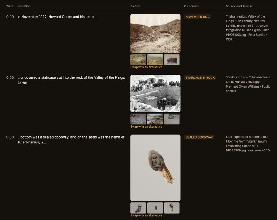 Storyboard rows with pictures, labels, sources and alternatives